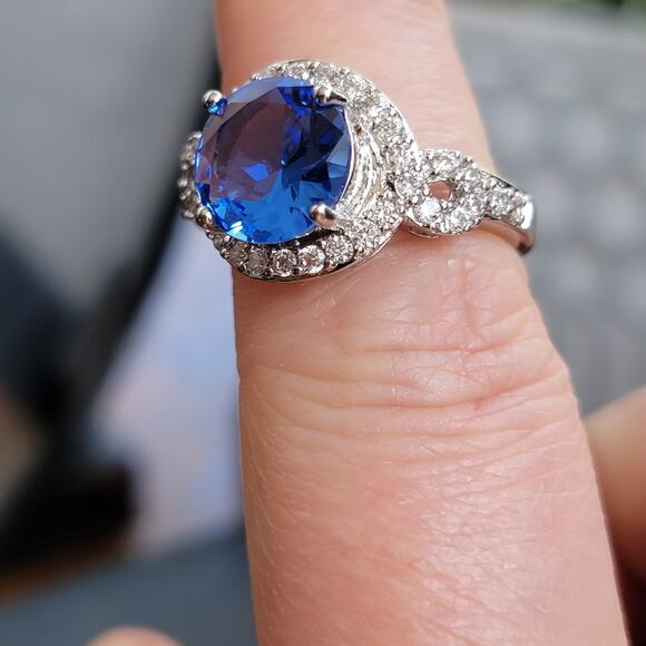 Rhodium Plated Simulated Blue Sapphire Ring - Elegant Statement - Size 10 - Picture 4 of 10